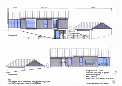 Fasadetegning som viser oppriss av bygningens øst- og vestside med detaljer om vinduer, dører og takform.
