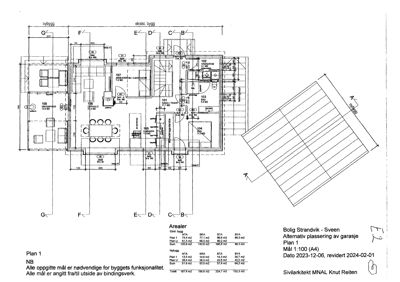 Etasjeplan (Plan 1) for nybygg og eksisterende bygg med romnummerering, mål og arealoppsett.