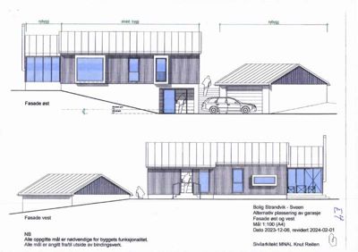 Fasadetegning som viser oppriss av bygningens øst- og vestside med detaljer om vinduer, dører og takform.