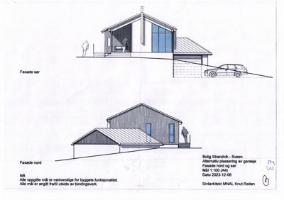 Tegning som viser fasadeopprikk for bygningen sett fra nord og sør.