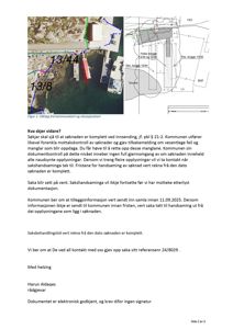 Bildet viser en side fra et brev som inneholder en overskrift 'Figur 1: Utklipp fra kommunekart og situasjonskart' over en bildeinnsettelse. Bildet viser en flyfoto- eller satellittbilde av et område med bygninger (merket 13/44 og 13/8) og en tegning over samme område med bygningstegninger og tomtegrenser.