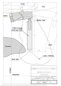 Forankringsplan som viser bygningens plassering i forhold til naboeiendommer (Grunne, BOF), grunnlinjer, og tekniske detaljer for forankring i fjellet.