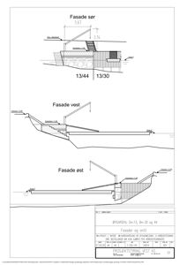 Tegning som viser fasader (sør, vest, øst) og snitt av en bygning i Øygarden.