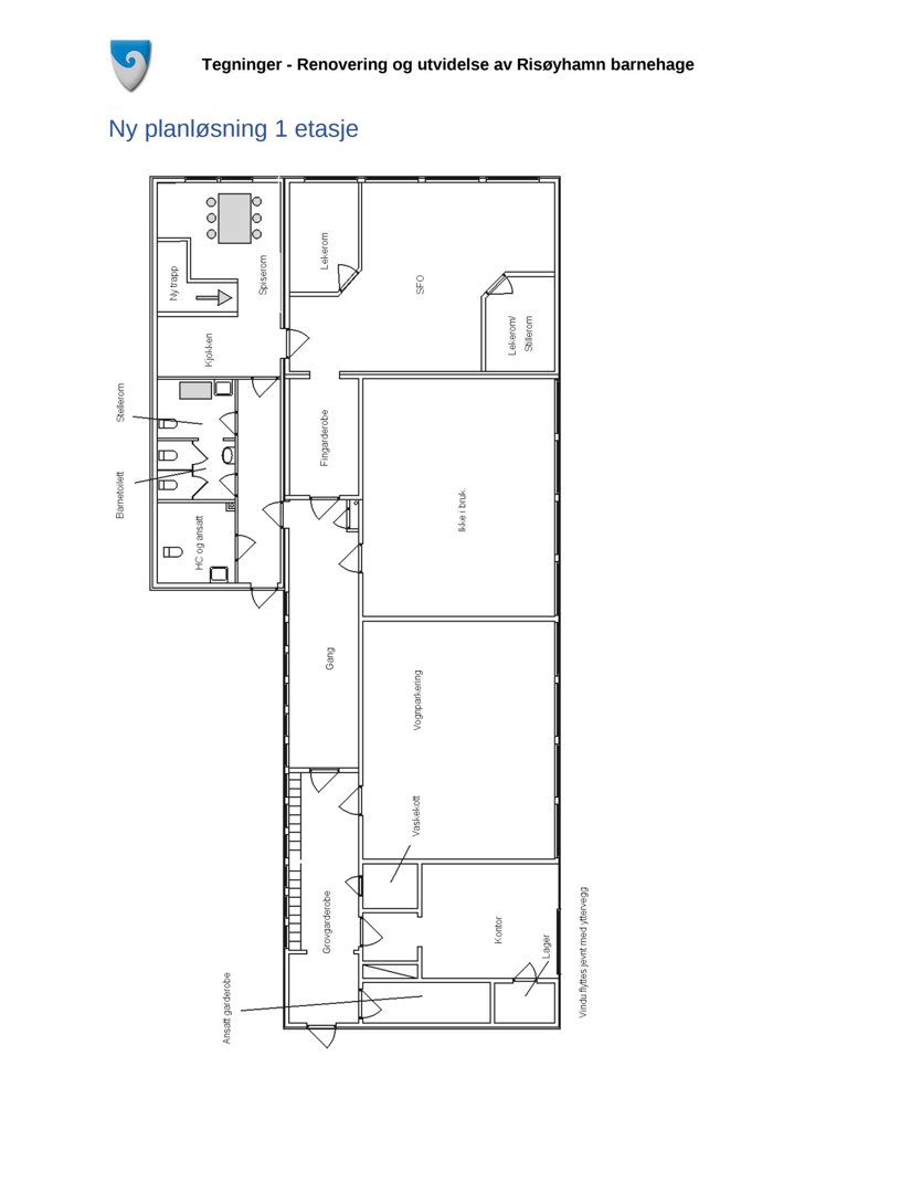 Etasjeplan (1. etasje) som viser romfordeling, vegger og dører for en barnehage.