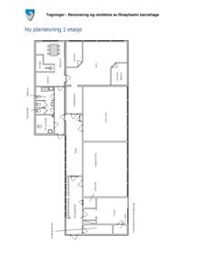 Etasjeplan (1. etasje) som viser romfordeling, vegger og dører for en barnehage.