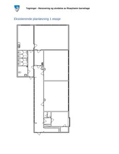 Plantegning av eksisterende planløsning på 1. etasje for Risøyhamn barnehage.