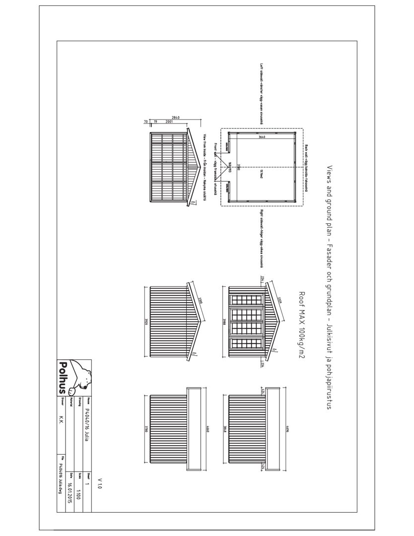Fasadetegning (opprikk) av en liten hytte eller uthus, inkludert takplan og utsnitt av fasader.