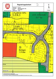 Reguleringsplankart som viser eiendomsinndeling, arealbruk (fargekodet), veier og byggefelt.