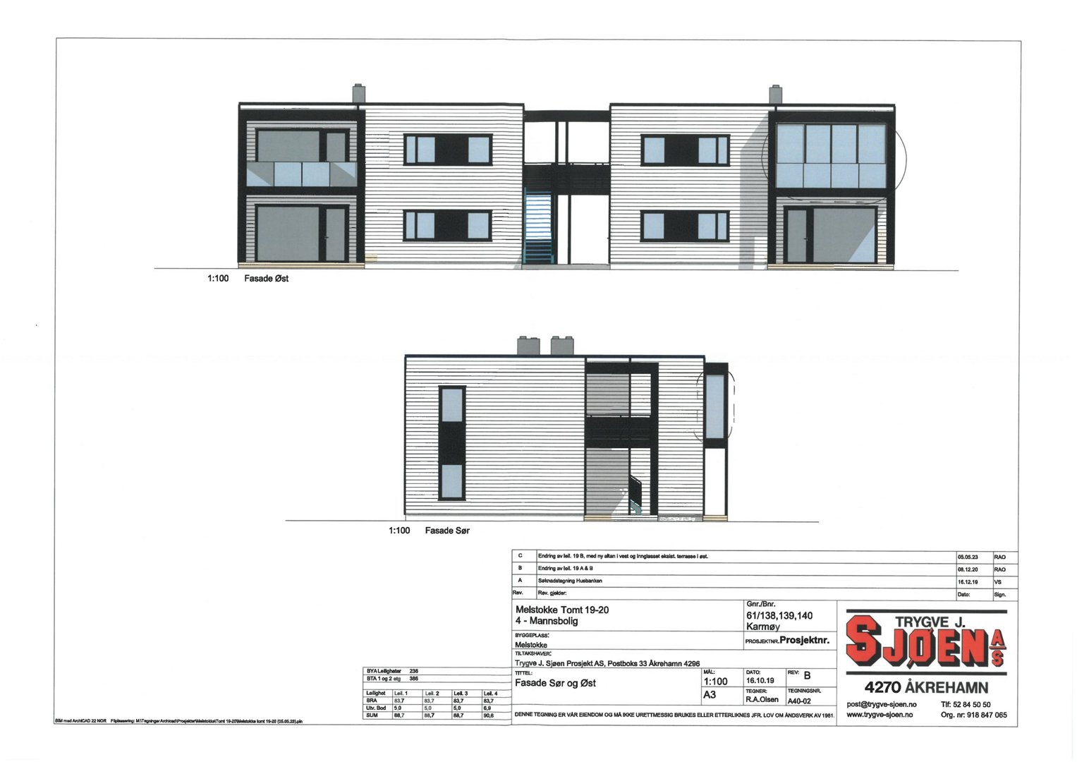 Fasadetegning som viser bygningens utseende fra øst og sør.