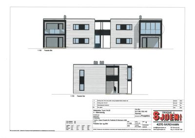 Fasadetegning som viser bygningens utseende fra øst og sør.