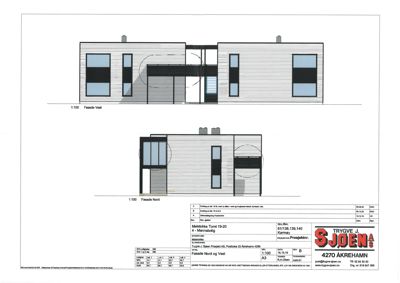 Fasadetegning som viser bygningens utseende fra nord og vest.