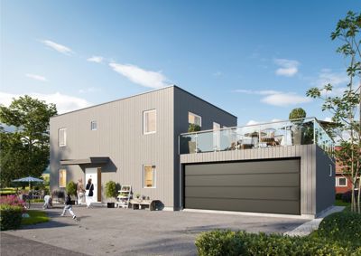 3D-visualisering av en planlagt bolig med moderne fasade, balkong og garasje.