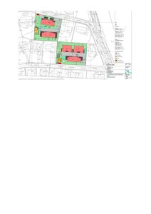 Situasjonsplan som viser tomtens grenser, nabolag, veier og plassering av planlagte bygninger med fargekodet arealbruk.