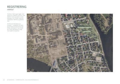 Et flyfoto eller satellittbilde av et område (Hønefoss sentrum) med overlagte polygoner som markerer tomtegrenser og naboområder.