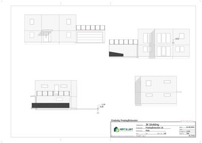 Fasadetegning som viser bygningens utsyn fra fire ulike vinkler med høydemål.