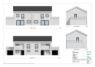 Fasadetegning som viser bygningens utseende fra fire ulike vinkler (Vest, Nord, Sør, Øst).
