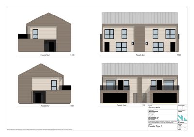 Fasadetegning som viser oppriss av bygningens fire sider (Nord, Øst, Sør, Vest) med detaljer om vinduer, dører og materialer.