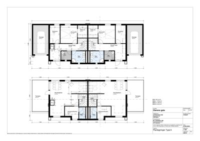 Plantegning som viser romfordeling og dimensjoner for etasjene i en bolig (garasjer, soverom, bad, kjøkken, trapperom).