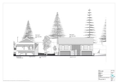 Fasadetegning som viser bygningens utseende fra fronten, inkludert eksisterende og nytt terrang, samt koter.