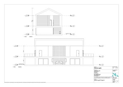 Snittegning (Snitt A og B) som viser bygningens tverrsnitt, høyder, etasjer og fasadeelementer.