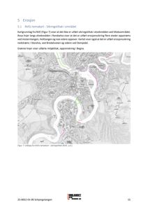 Et kart (temakart) som viser et geografisk område med elver, veier og bygningsplasseringer, med markerte områder for erosjonssikring.