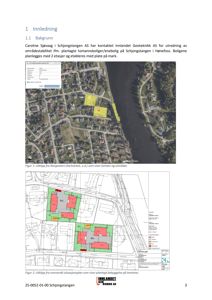 Bildet viser en side fra en rapport som inneholder et kartutsnitt (Norgeskart) og en oversendt situasjonsplan. Begge illustrerer tomtene og området for planlagte boliger.