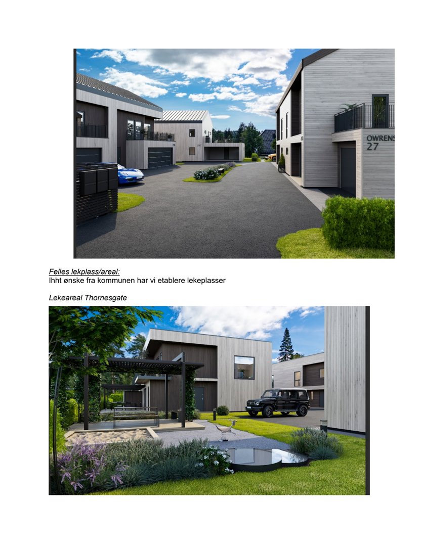 3D-visualiseringer av et boligprosjekt med moderne fasader, garasjeporter og landskap.