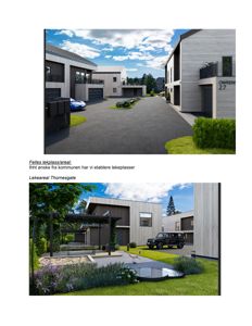 3D-visualiseringer av et boligprosjekt med moderne fasader, garasjeporter og landskap.