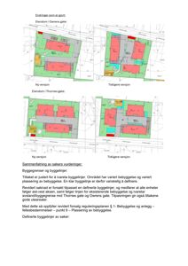 Situasjonsplaner som viser eiendomsgranser, bebyggelse og gater (Owrens gate, Thornes gate) for to eiendommer, sammenlignet med tidligere og nye versjoner.