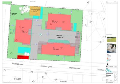 Situasjonsplan som viser tomtens grenser, bygningers plassering (BBF 27), arealer (m²), tilstøtende eiendommer (Thornes gate) og en oversikt over bygningens beliggenhet i forhold til nabolaget.
