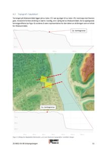 Kart med topografisk informasjon, høydekurver og fargekoding for terrengform, som viser et tiltaksområde (gult) og tomtegrenser.