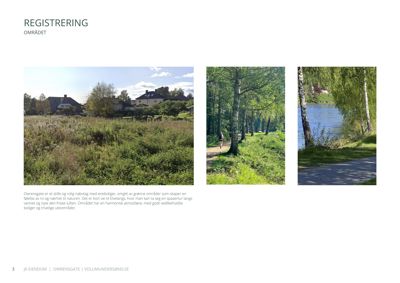 Fotografier av et område (Owrensgate) med boliger, natur og vann, inkludert beskrivende tekst.