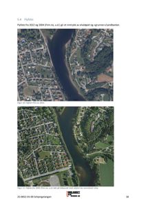 Bildet viser to flyfotografier fra 2022 og 2005 som illustrerer elveløpet og grunner i Schjongstangen.