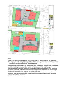 Situasjonsplan som viser tomtens form, beliggenhet, nabogrenser, veier (Osteråsen gate, Thomas gate) og plassering av bygninger (røde områder) samt utearealer (grønne områder).