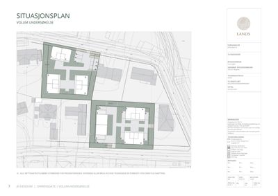 Situasjonsplan som viser tomtens beliggenhet, nabobebyggning og planlagt bebyggelse.