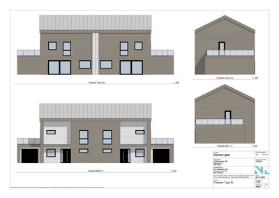 Fasadetegninger som viser utsiden av en bygning fra fire ulike vinkler (Vest, Nord, Sør, Øst).