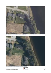Bildet viser to flyfoto (satellittbilder) av en tomt med hus langs en vannkant, brukt til å dokumentere erosjon.