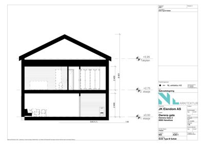Snittegning (Snitt Type B Salth) som viser bygningens tverrsnitt med etasjer, takhøyder og romfordeling.