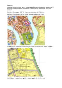 Bildet viser to kartutsnitt: øverst et situasjonskart som viser eiendommens plassering i forhold til omgivelsene, og nederst et arealplankart med detaljerte tomtenummer og reguleringsplaner.