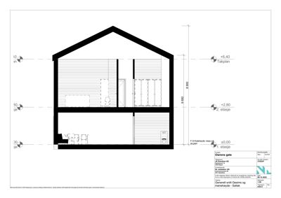 Generelt snitt gjennom et hus som viser romfordeling, takhøyde og etasjer.