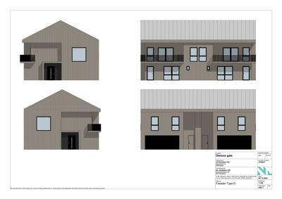 Fasadetegning som viser front- og sideutsikt av en bygning med vinduer, balkonger og inngang.