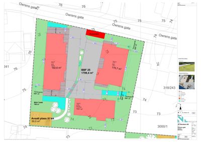 Situasjonsplan som viser tomtens grenser, naboeiendommer, bygningers plassering og arealer.