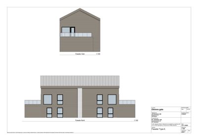 Fasadetegning som viser bygningens utseende fra nord og vest med detaljer om vinduer og fasadematerialer.