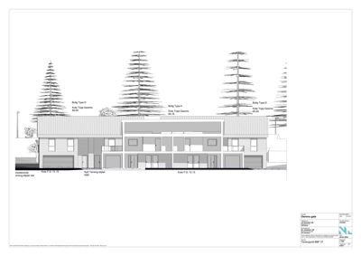 Fasadetegning som viser bygningens utseende fra fronten, inkludert vinduer, dører, takform og omgivende trær.