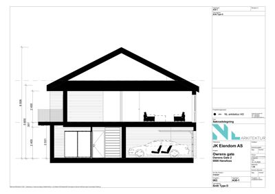 Snittegning (Snitt Type D) som viser bygningens tverrsnitt, høyder, romoppdeling og konstruksjon.