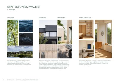 Et collage av flere fotografier som illustrerer arkitektoniske elementer, utforming og atmosfære i et boligprosjekt.