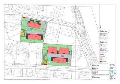 Situasjonsplan som viser tomtens grenser, nabolag, veier og plassering av nye bygg (BBF 26 og BBF 27) med arealopplysninger.