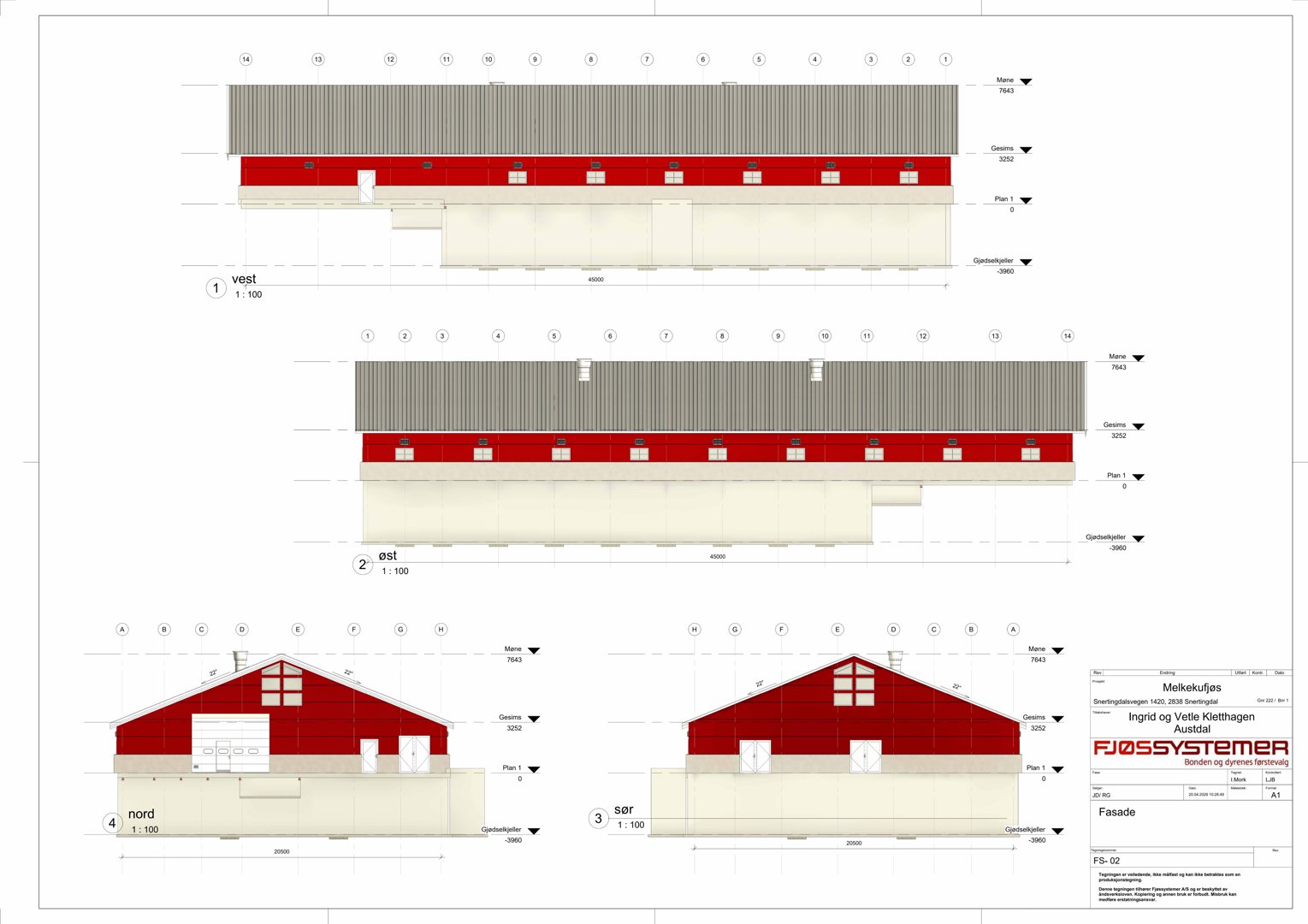 Fasadetegning som viser bygningens utseende fra fire sider (vest, øst, nord, sør) med mål og høyder.