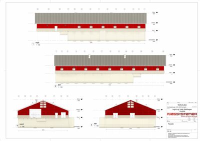 Fasadetegning som viser bygningens utseende fra fire sider (vest, øst, nord, sør) med mål og høyder.