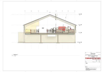 Snittegning (Section 1) som viser tverrsnittet av en bygning med teknisk utstyr, inkludert høydeangivelser og konstruksjonsdetaljer.